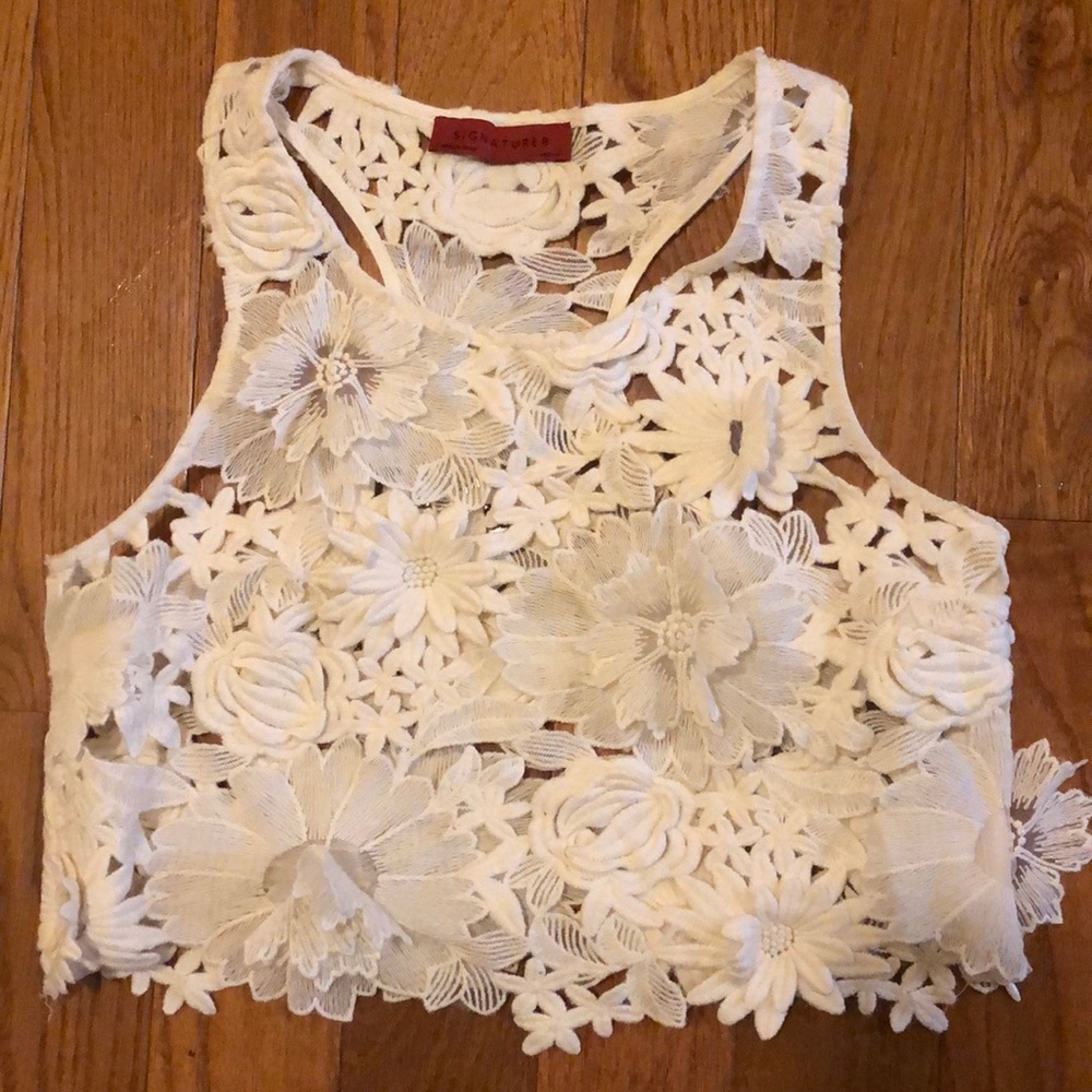 Embroidered White Floral Tank Too Crop Top
